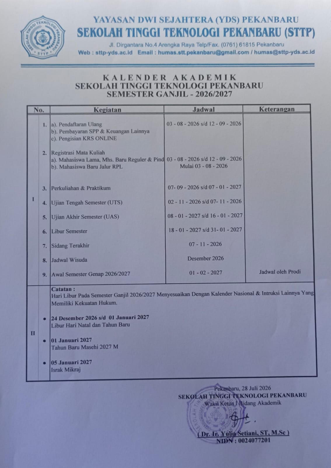 Kalender Akademik Tahun Ajaran 2026/2027 Ganjil